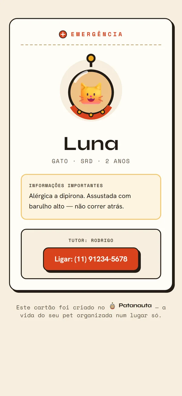 Cartão de emergência com contato do tutor