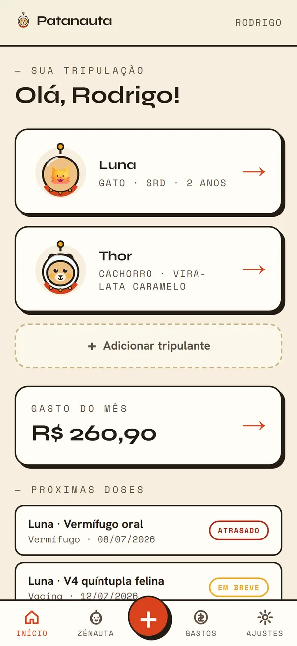 Tela inicial do Patanauta com a tripulação de pets